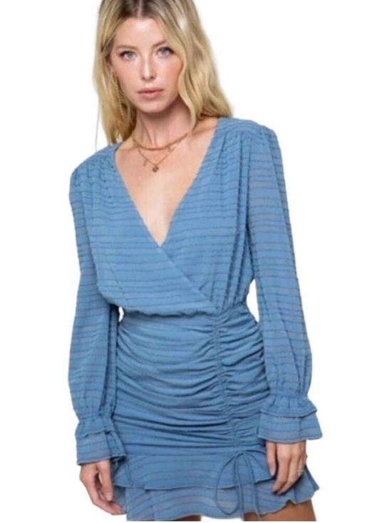 Style Rack Dresses & Skirts - STYLE RACK Summer Sky Dusty Blue V-Neck Ruched Long-Sleeve Mini Dress